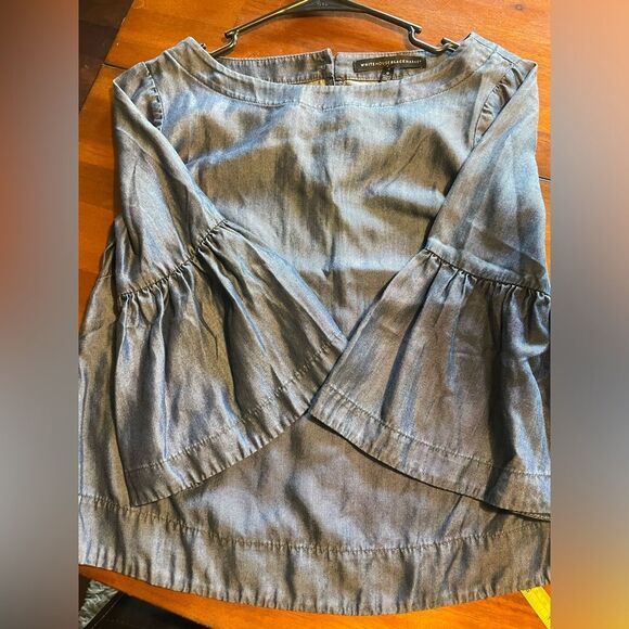 White House Black Market Womens 0 XS Blue Chambray Bell Sleeves Emma Blouse Top - Picture 8 of 8